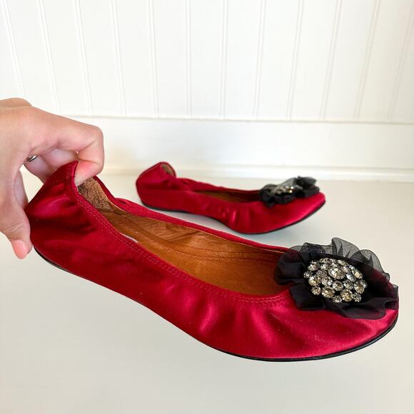 Lanvin Ballet Crystal Embellished Slip On Flats Red 40 - Picture 2 of 11